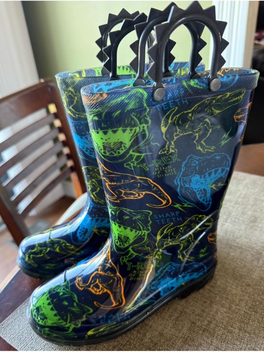 Kids' Navy Dinosaur Light Up Rain Boots with Neon Accents